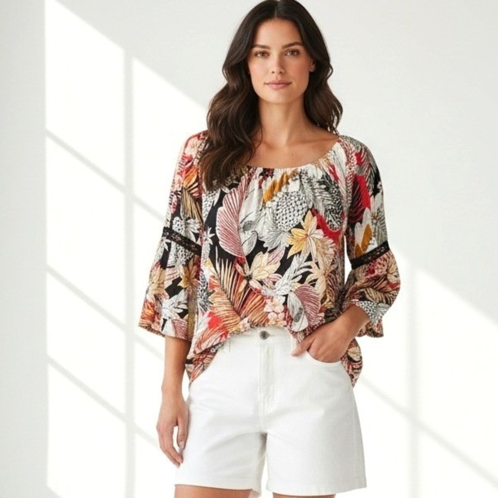 Figueroa & Flower‎ Tropical Top Flare Sleeve Lace Hawaiian Print Vacation Sz 1X